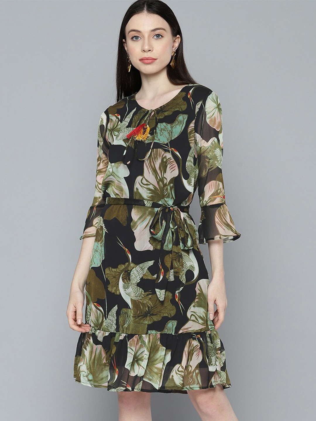 

WISSTLER Floral Printed Tie-Up Neck Bell Sleeves Georgette A-Line Dress, Black