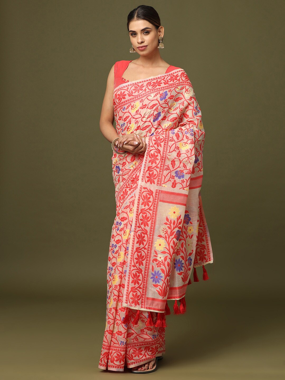 

VASTRANAND Floral Woven Design Silk Blend Jamdani Saree, Cream