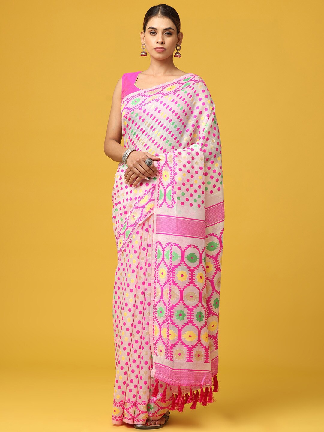 

VASTRANAND Geometric Woven Design Zari Silk Blend Jamdani Saree, Cream