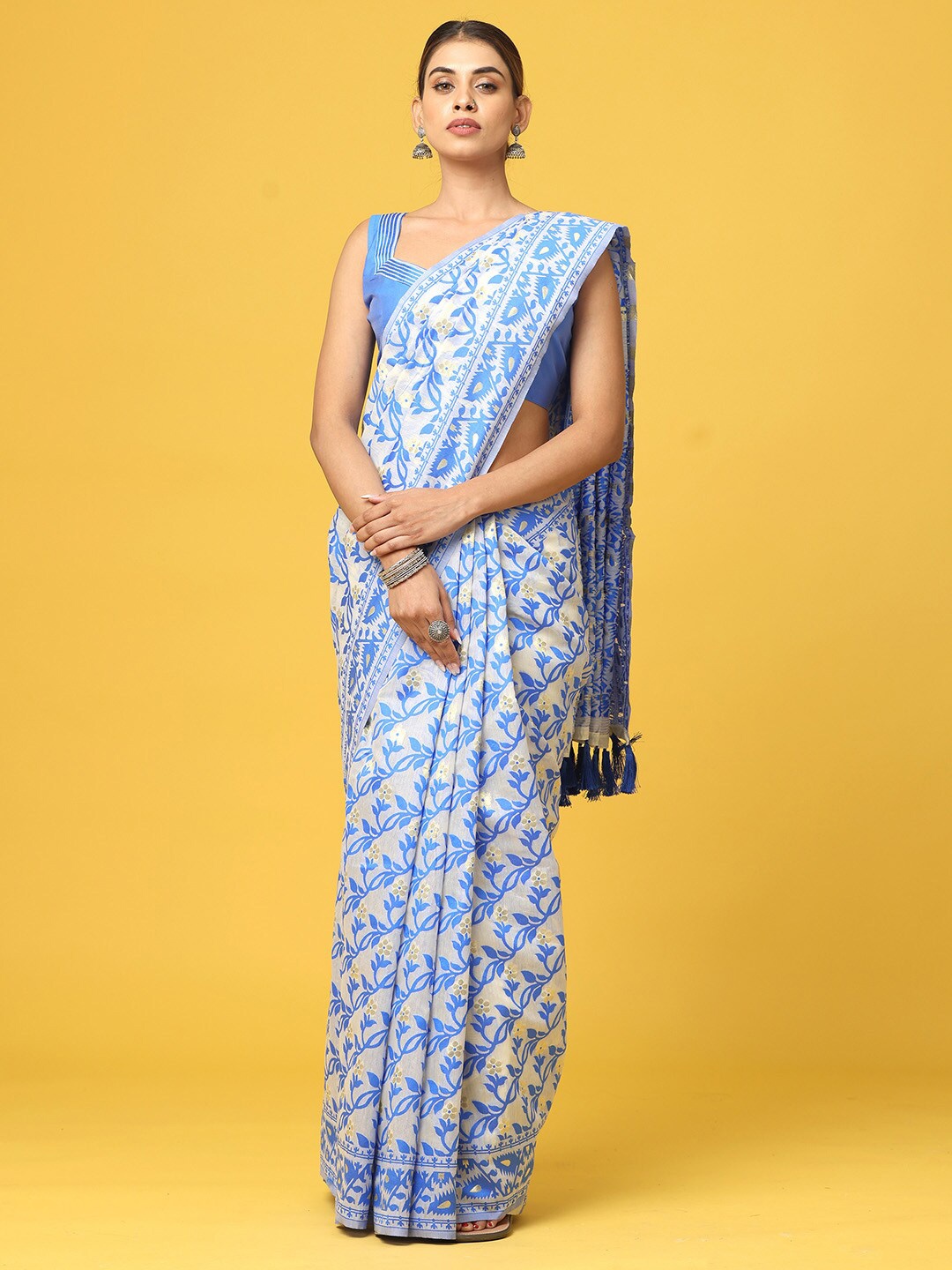 

VASTRANAND Floral Woven Design Silk Blend Jamdani Saree, Blue