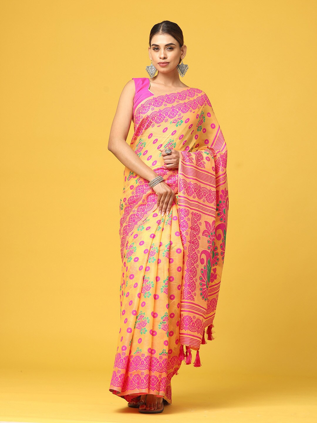 

VASTRANAND Floral Woven Design Silk Blend Jamdani Saree, Orange