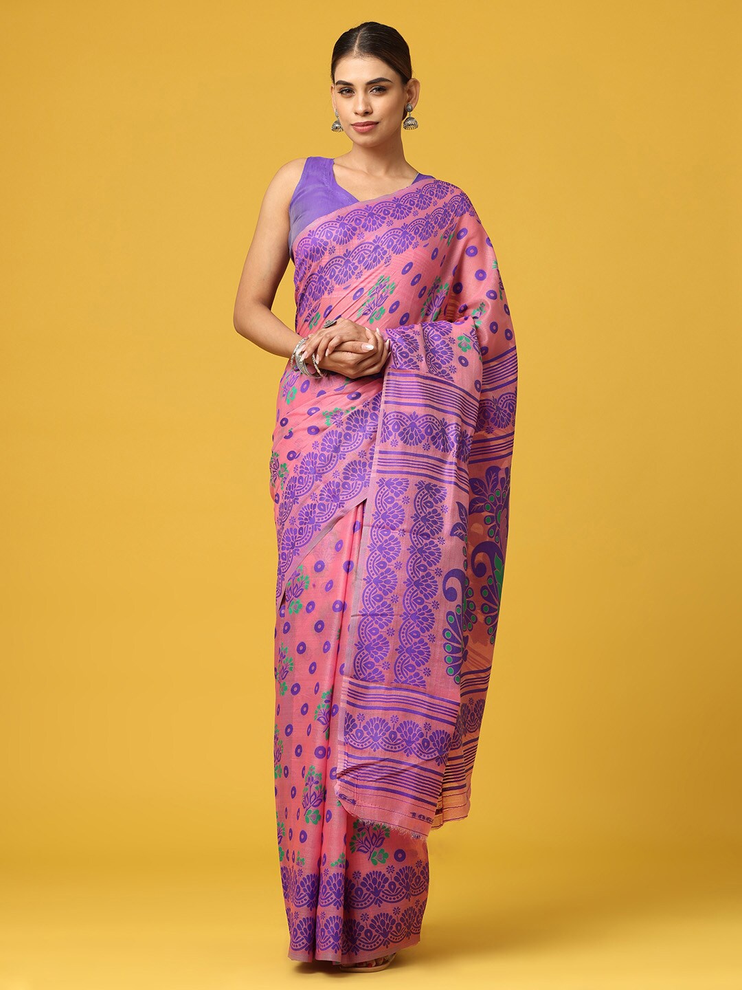 

VASTRANAND Floral Printed Jamdani Saree, Pink