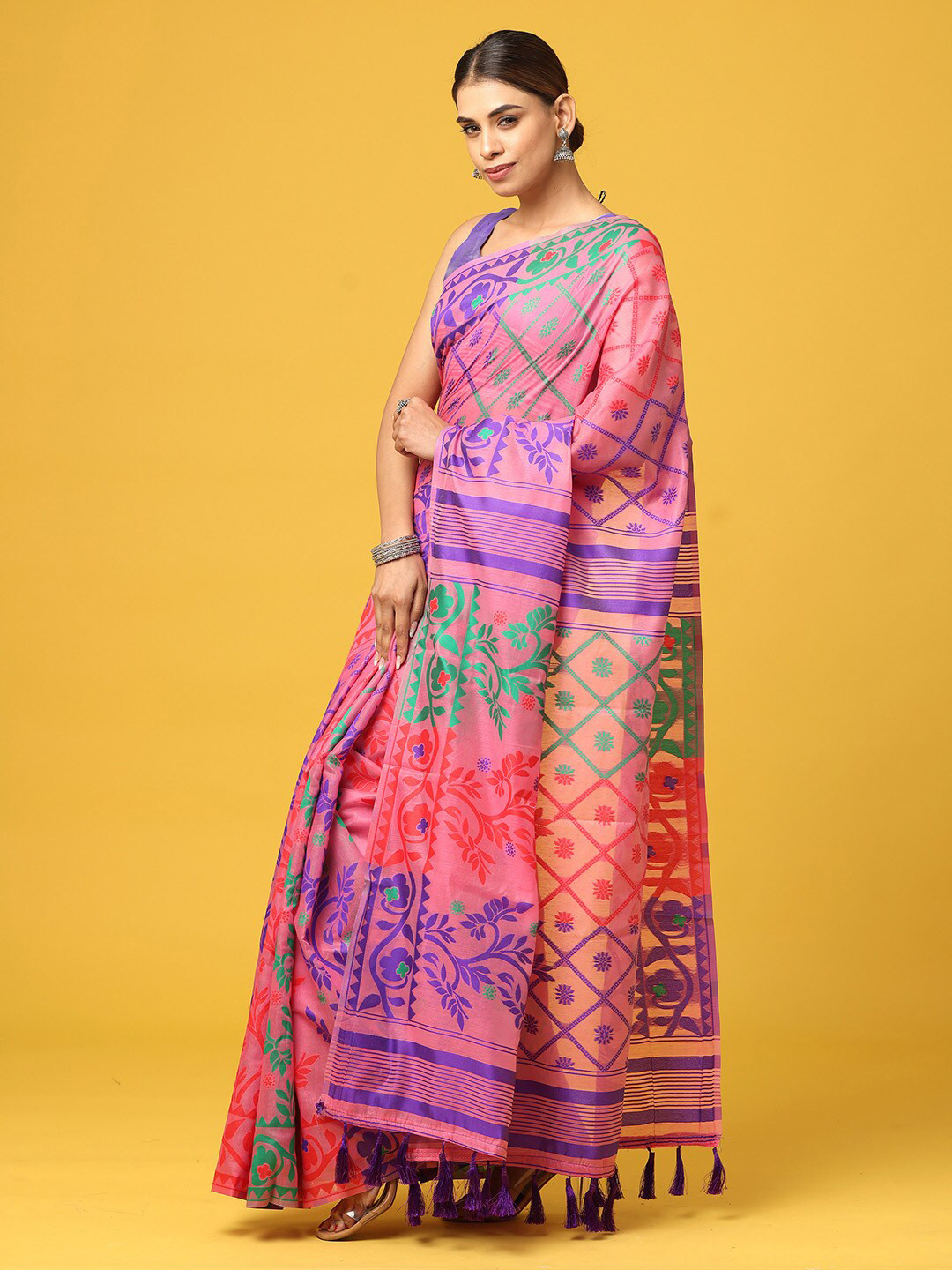 

VASTRANAND Floral Woven Design Zari Jamdani Saree, Pink