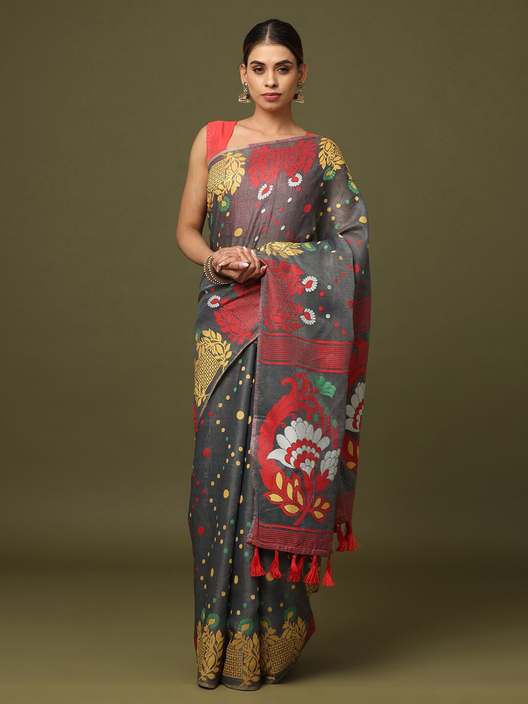 

VASTRANAND Floral Woven Design Zari Jamdani Saree, Grey
