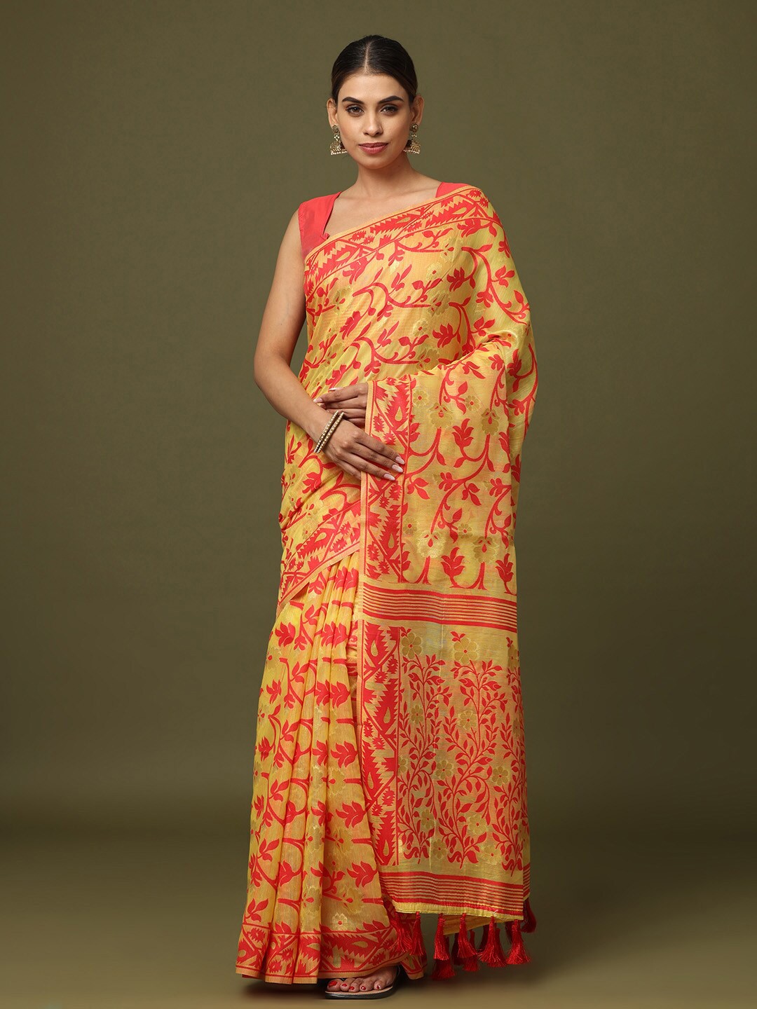 

VASTRANAND Floral Woven Design Zari Jamdani Saree, Yellow