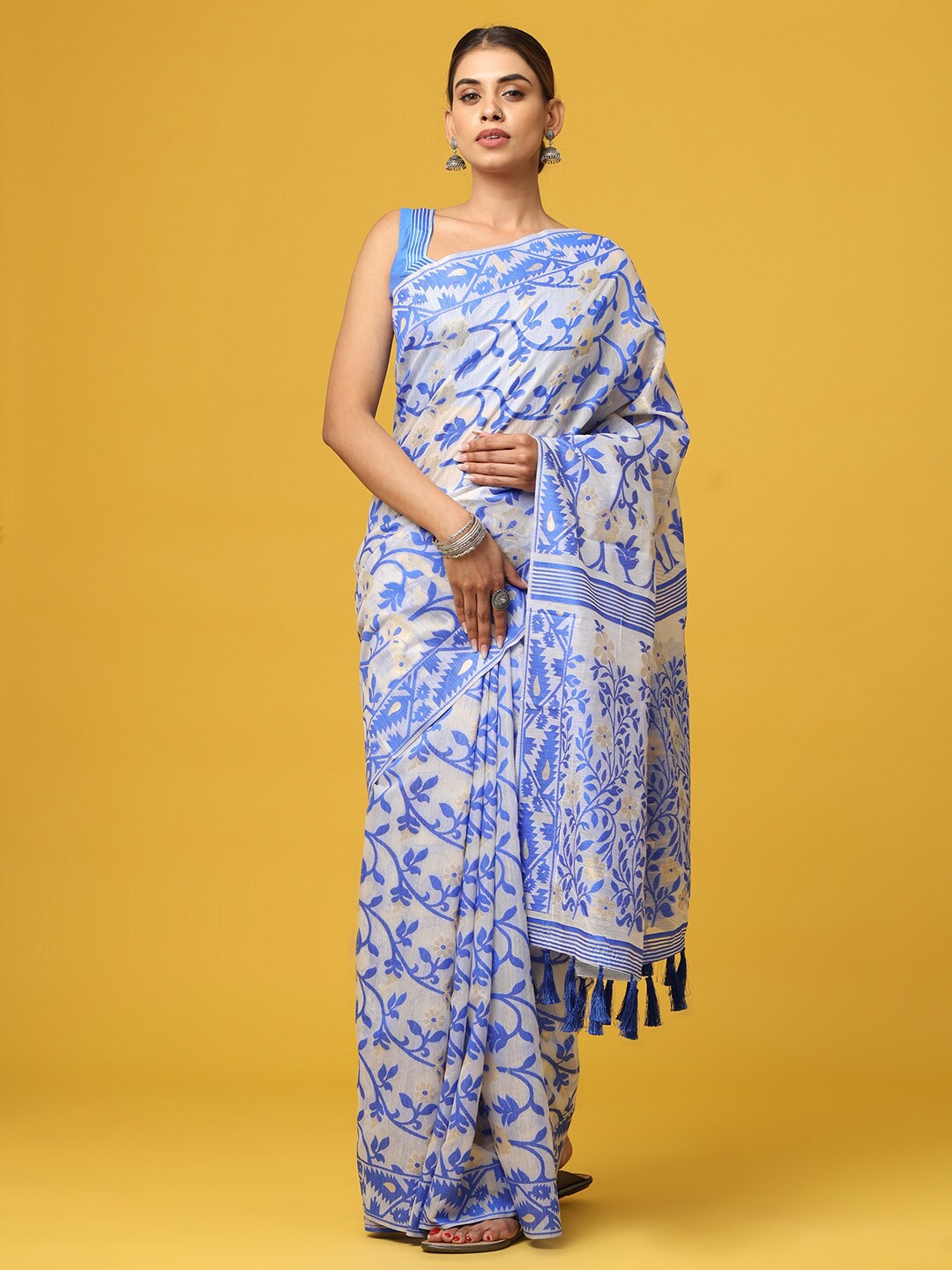 

VASTRANAND Floral Woven Design Zari Jamdani Saree, White