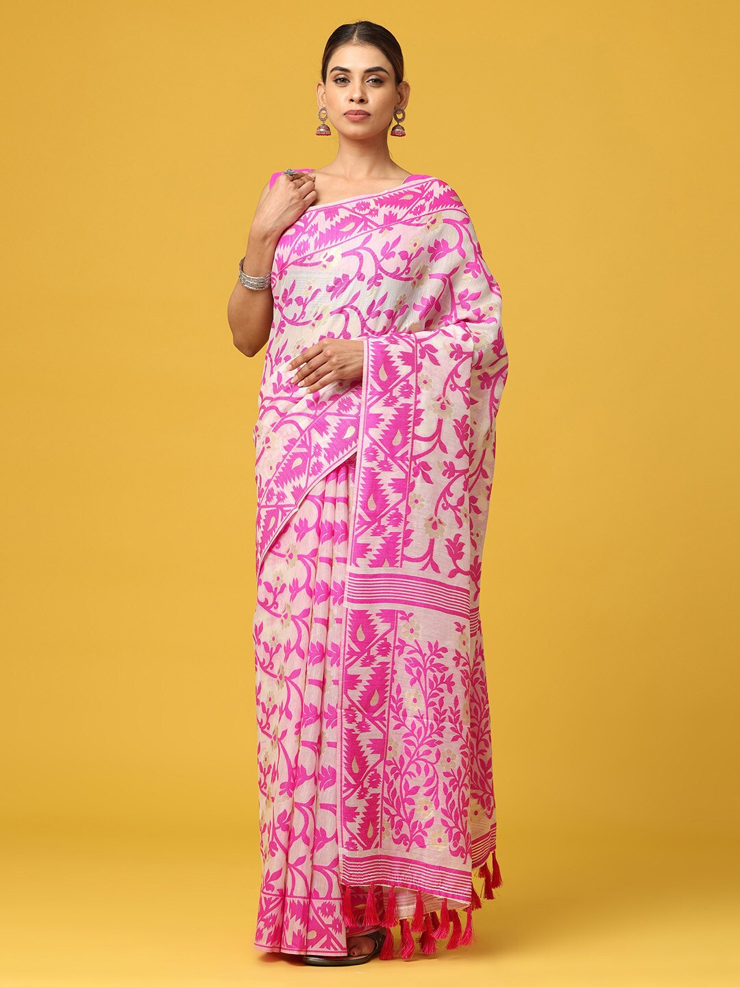 

VASTRANAND Floral Woven Design Zari Jamdani Saree, Cream