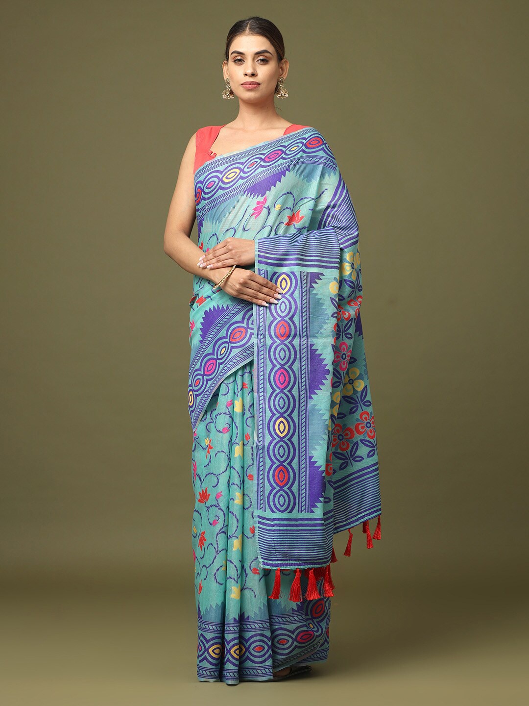 

VASTRANAND Floral Printed Zari Jamdani Saree, Blue