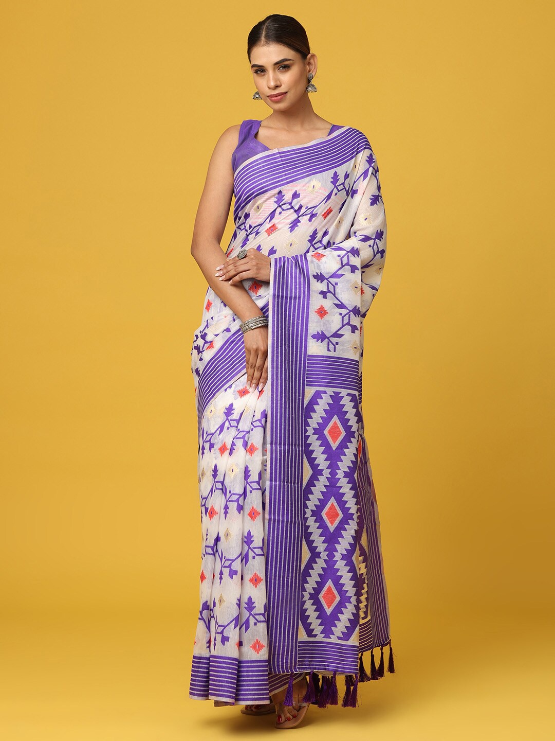 

VASTRANAND Floral Woven Design Zari Jamdani Saree, White