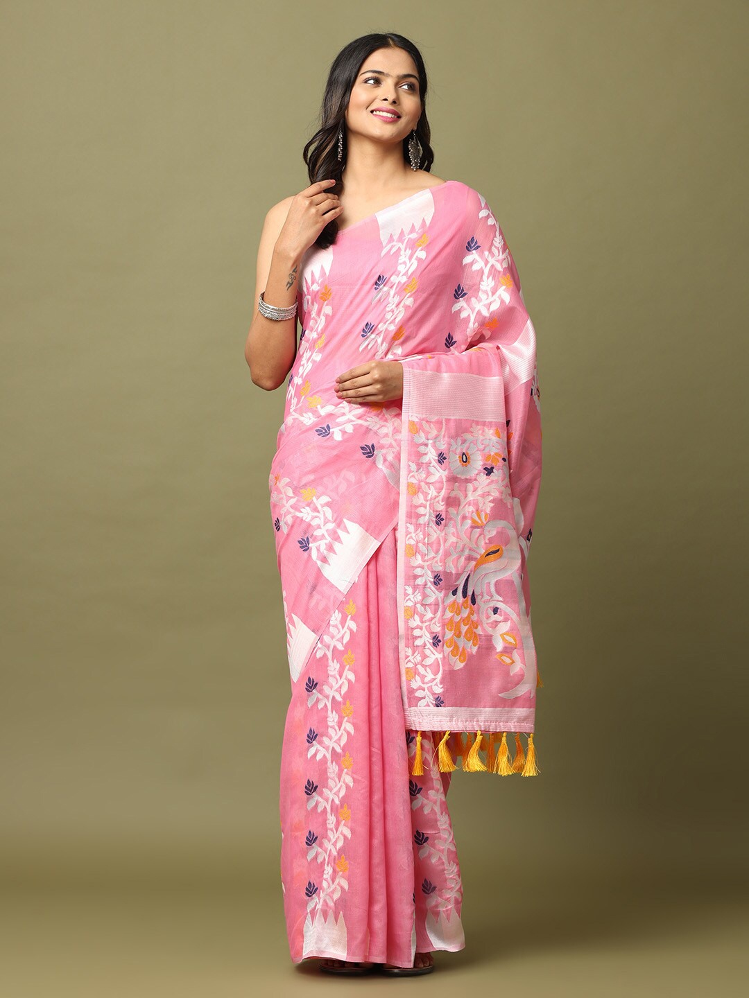

VASTRANAND Floral Woven Design Zari Jamdani Saree, Pink