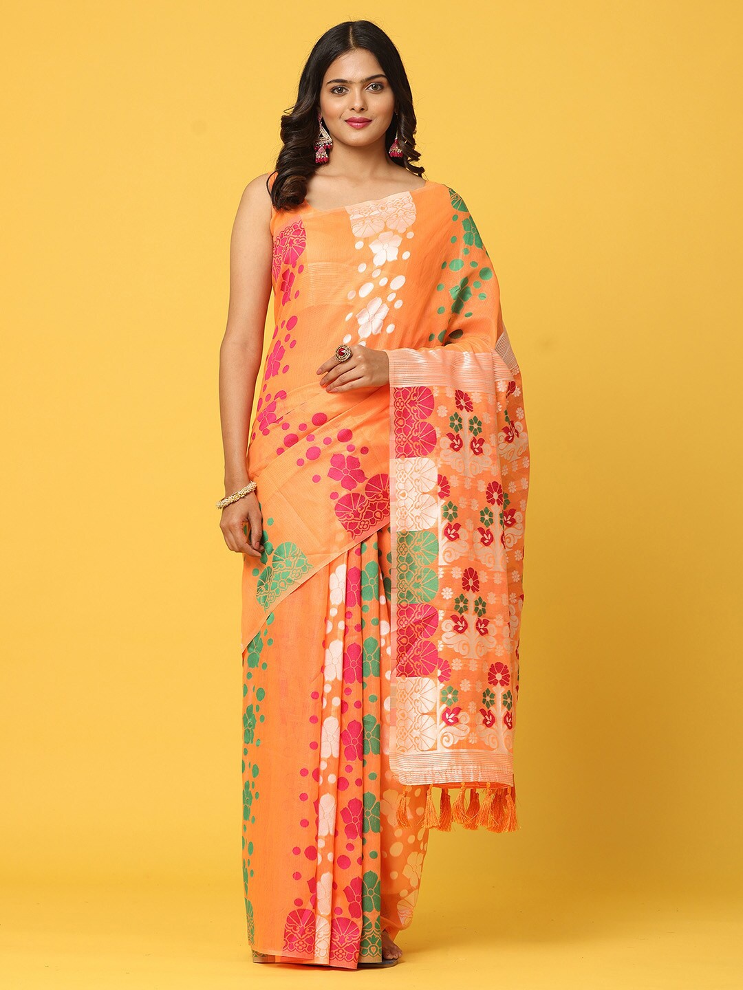 

VASTRANAND Floral Woven Design Zari Jamdani Saree, Orange