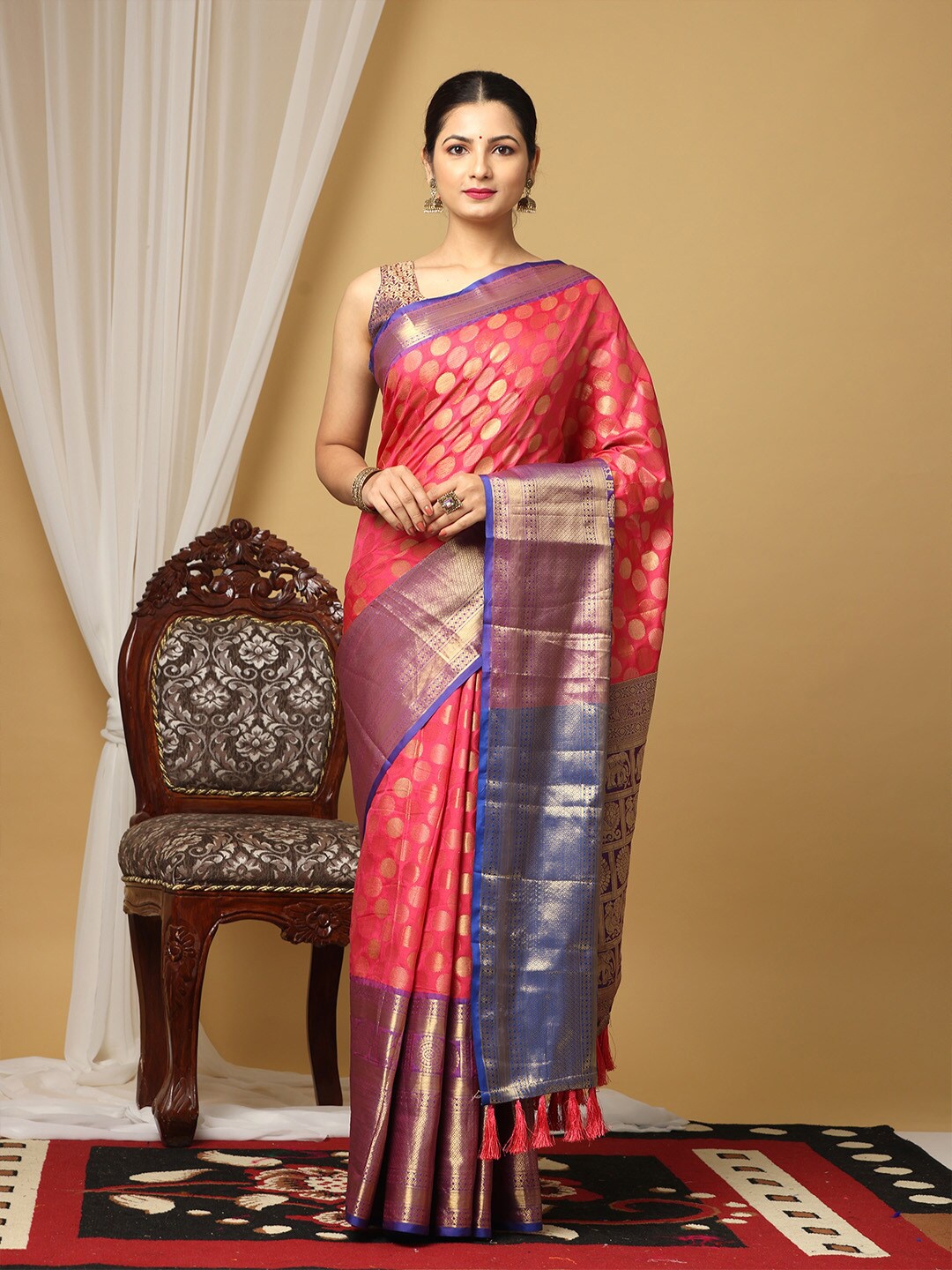 

VASTRANAND Polka Dots Woven Design Zari Banarasi Saree, Pink