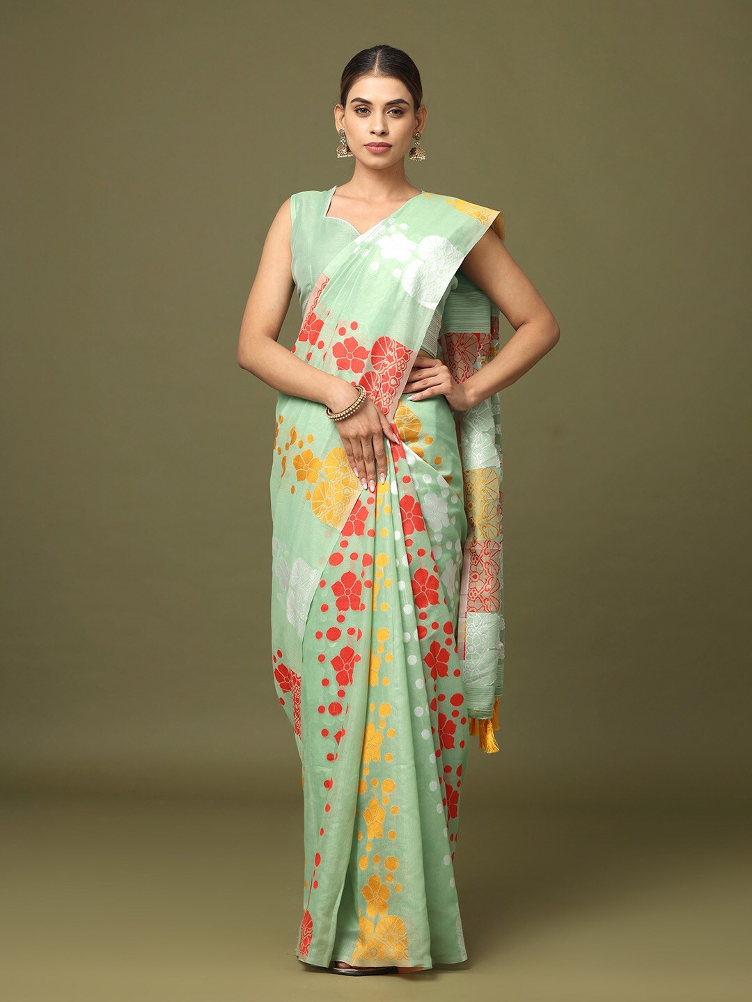 

VASTRANAND Floral Woven Design Jamdani Saree, Green