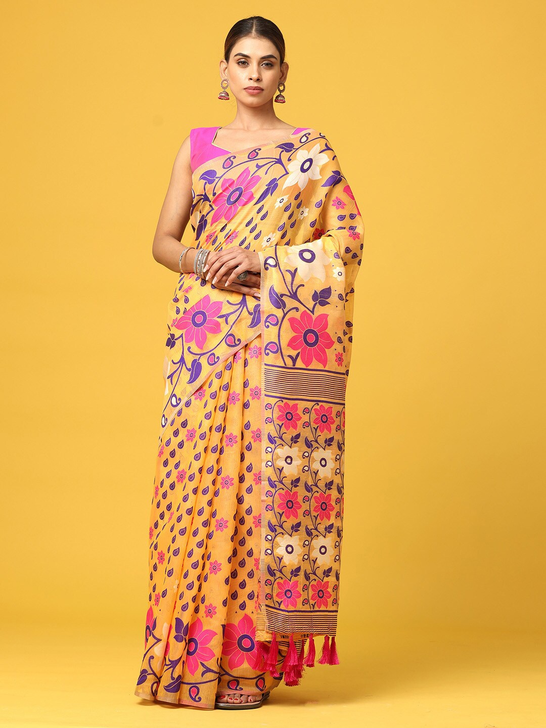 

VASTRANAND Orange & Pink Woven Design Silk Blend Jamdani Saree