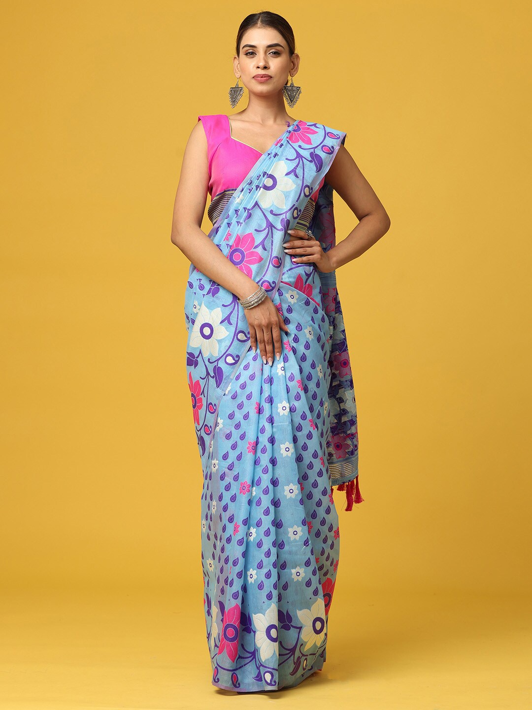 

VASTRANAND Blue & Pink Woven Design Silk Blend Jamdani Saree