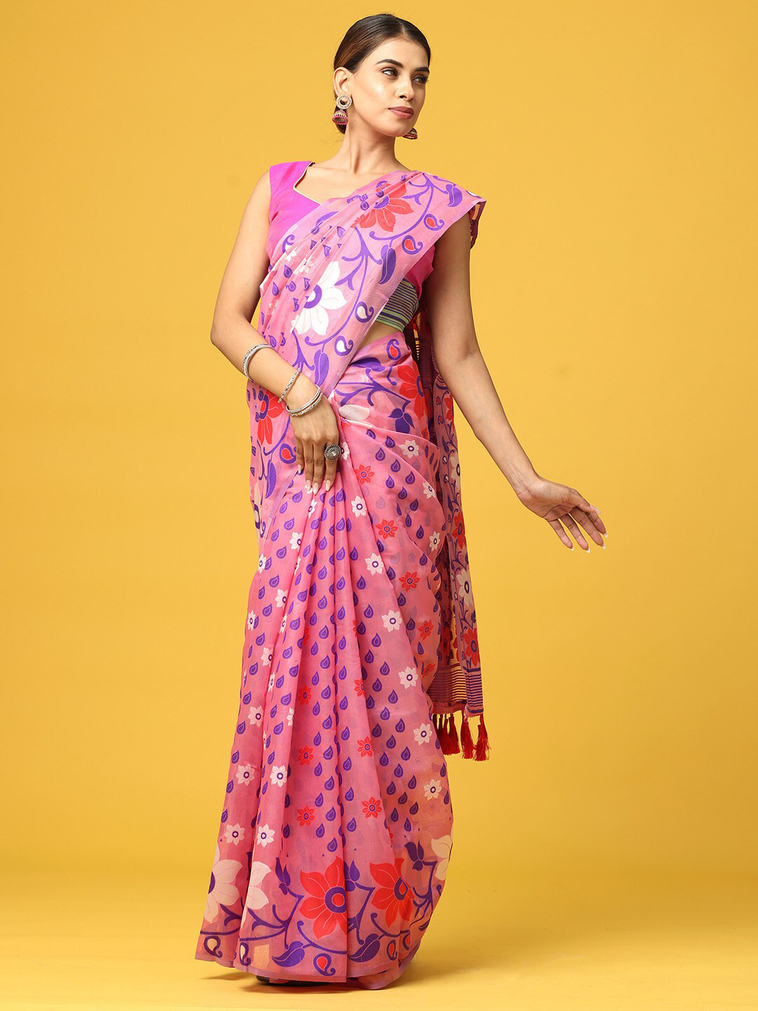 

VASTRANAND Pink & Purple Woven Design Zari Silk Blend Jamdani Saree