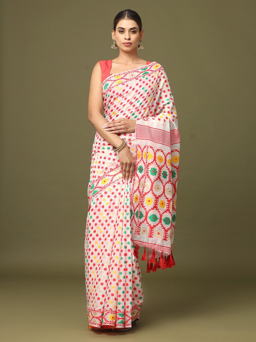 

VASTRANAND White & Red Woven Design Silk Blend Jamdani Saree