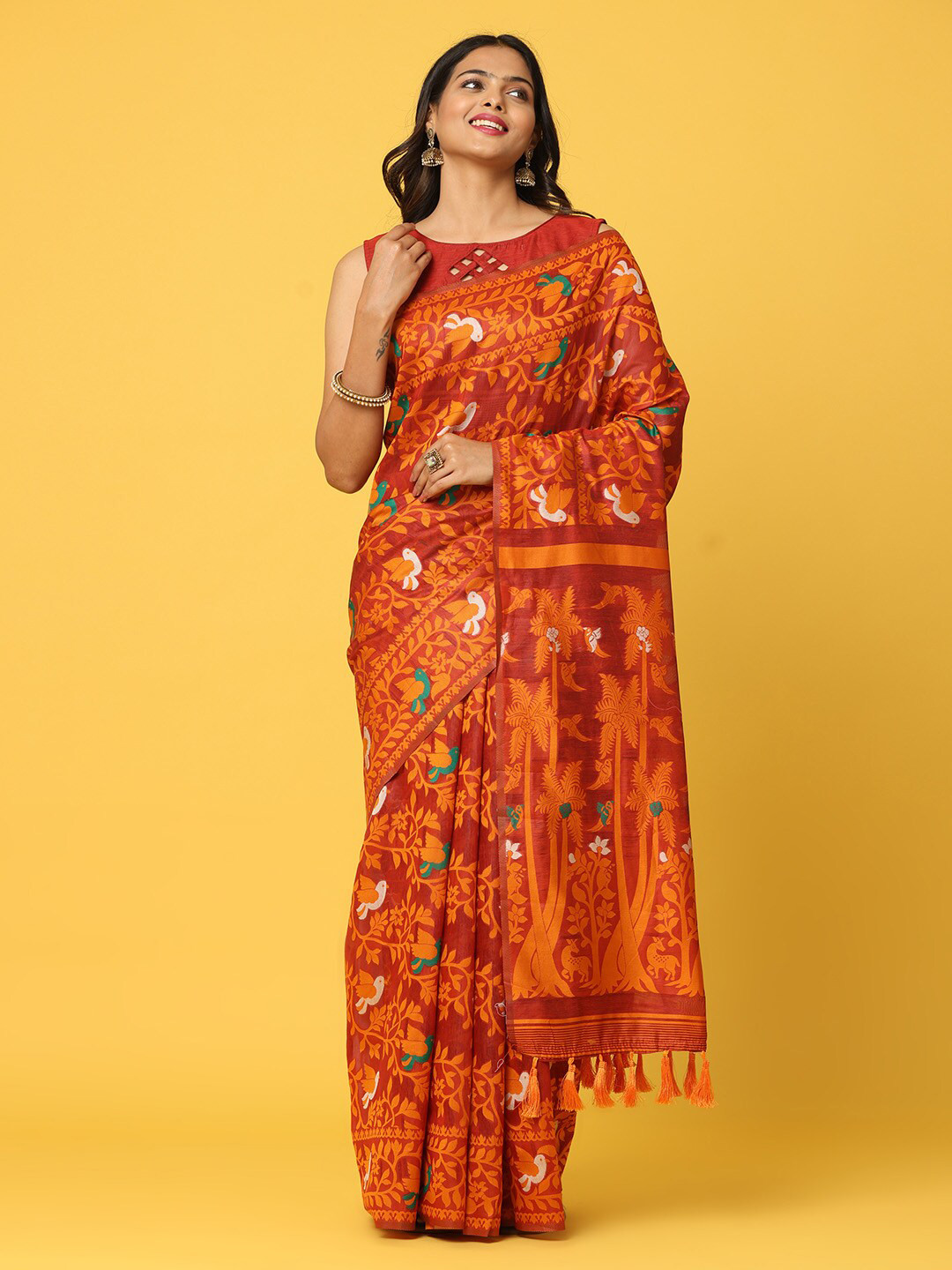 

VASTRANAND Floral Woven Design Jamdani Saree, Maroon