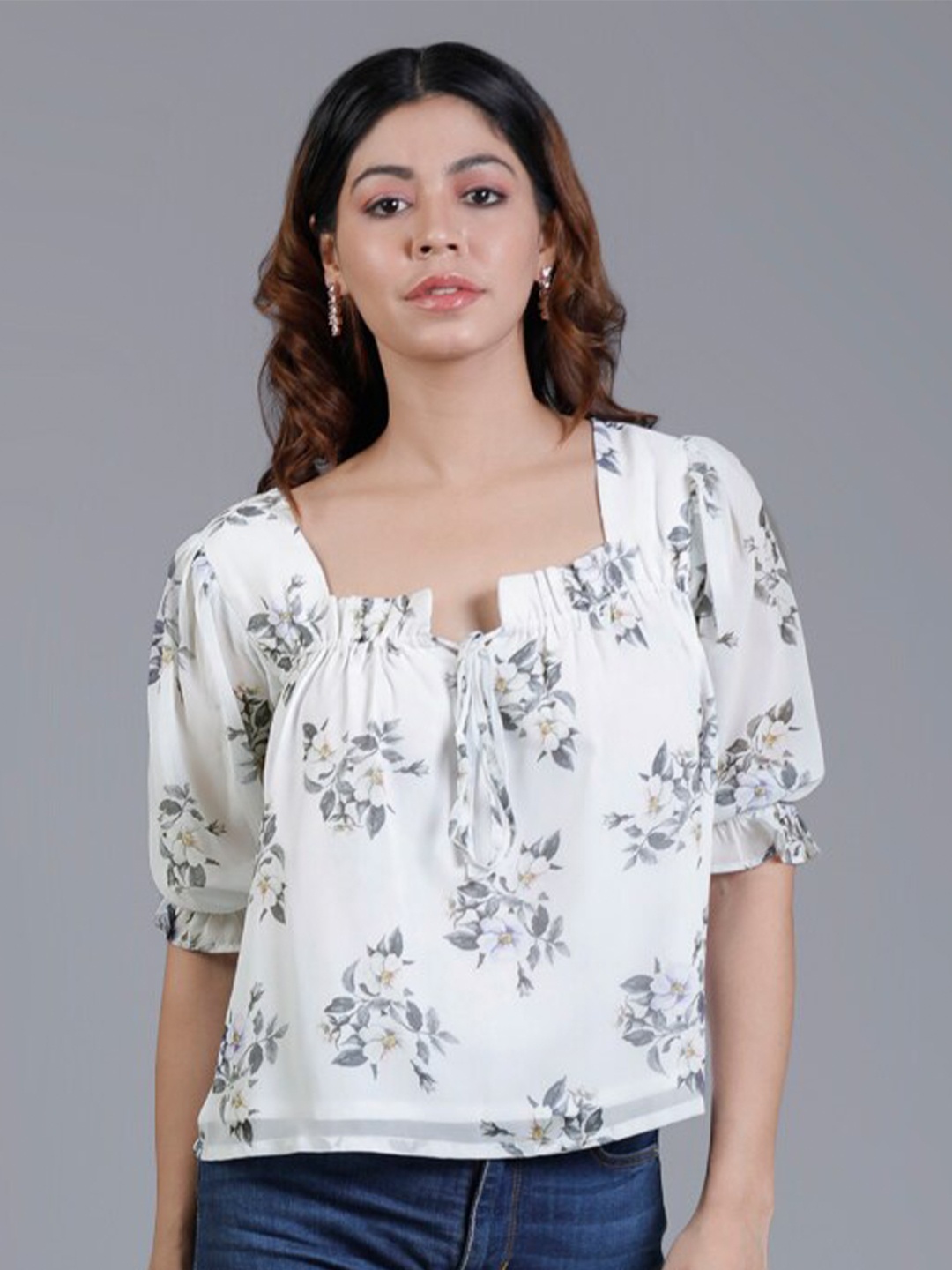 

KALINI Floral Printed Puff Sleeves Georgette Top, White