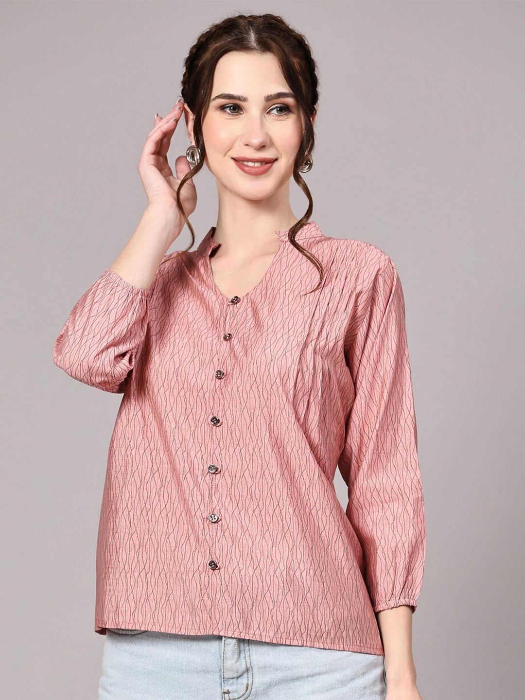 

KALINI Abstract Printed Crepe Shirt Style Top, Pink