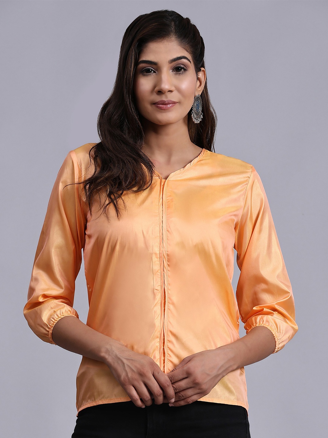 

KALINI V-Neck Puff Sleeves Crepe Top, Orange
