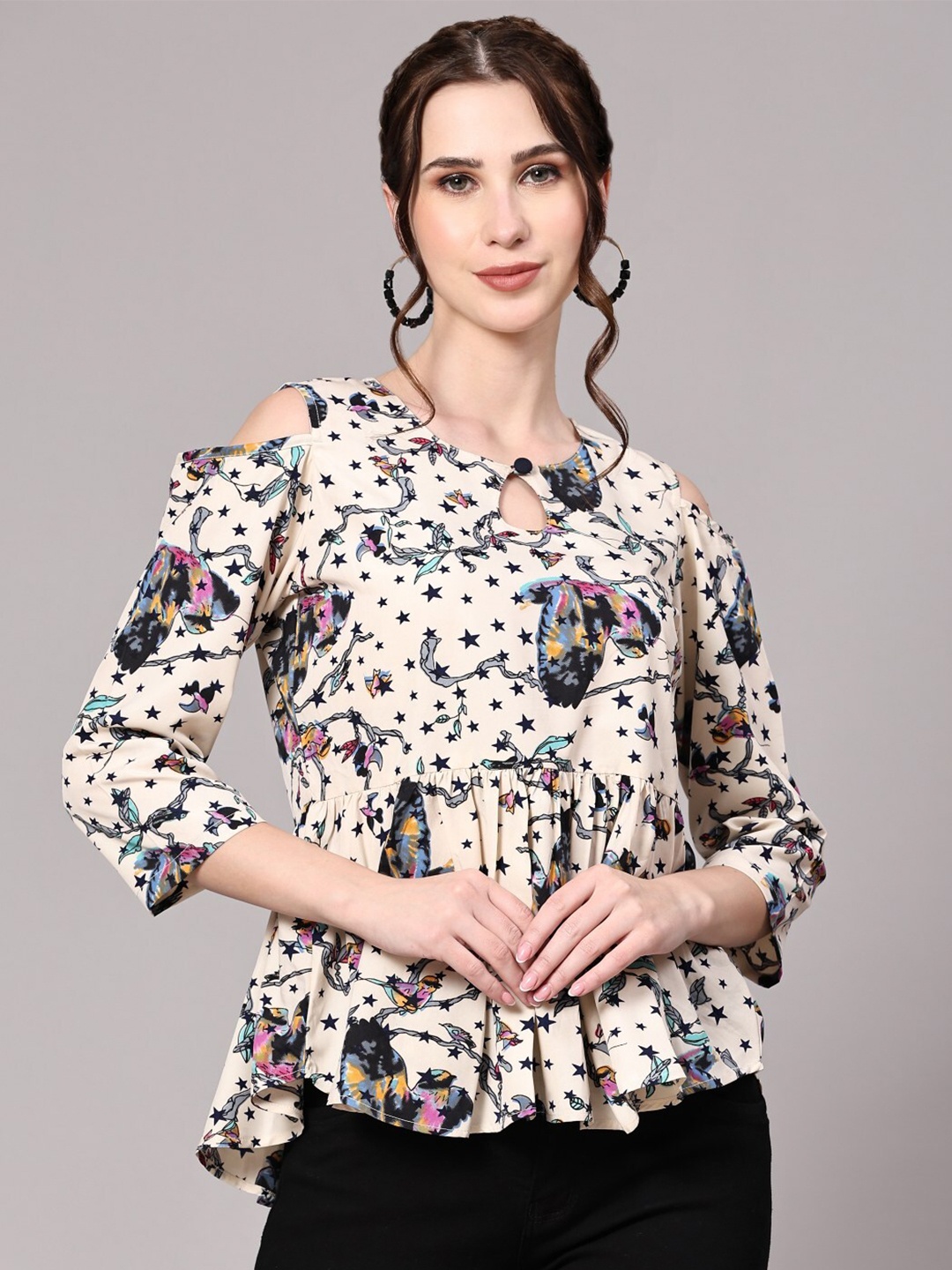

KALINI Graphic Printed Keyhole Neck Cold-Shoulder Crepe Top, Beige