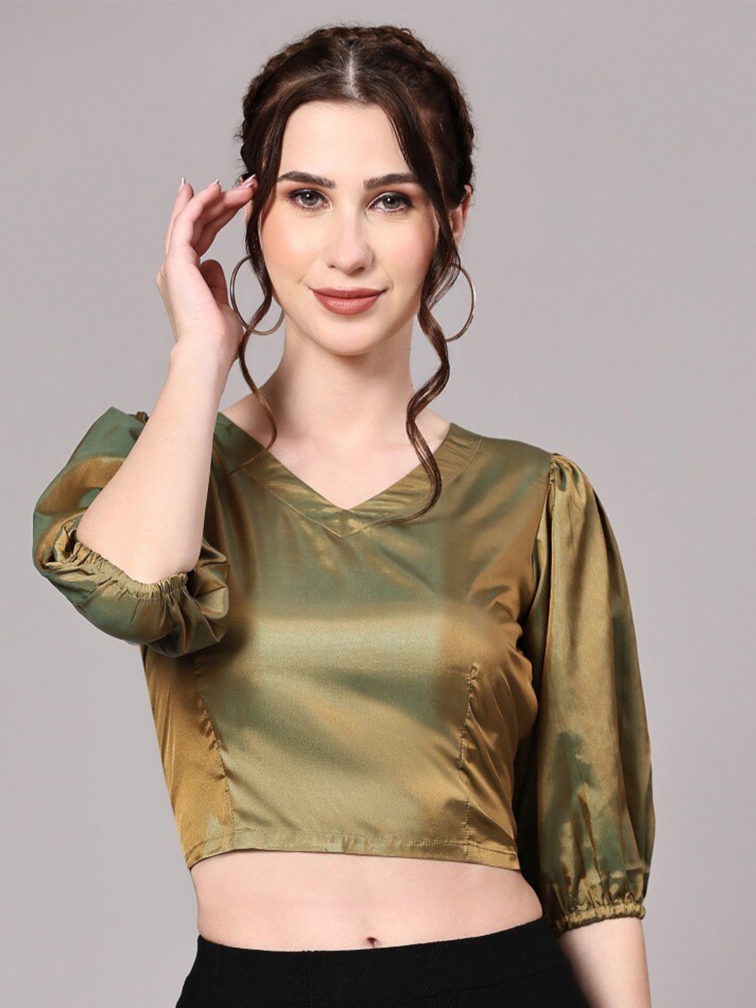 

KALINI V-Neck Puff Sleeves Crepe Crop Top, Green