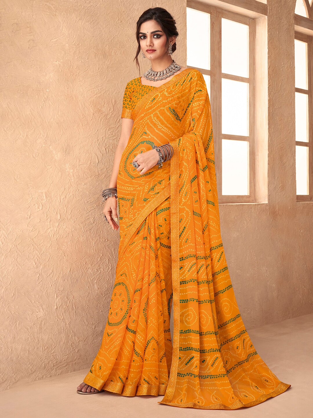 

Anouk Rustic Yellow & Green Bandhani Zari Pure Chiffon Bandhani Saree