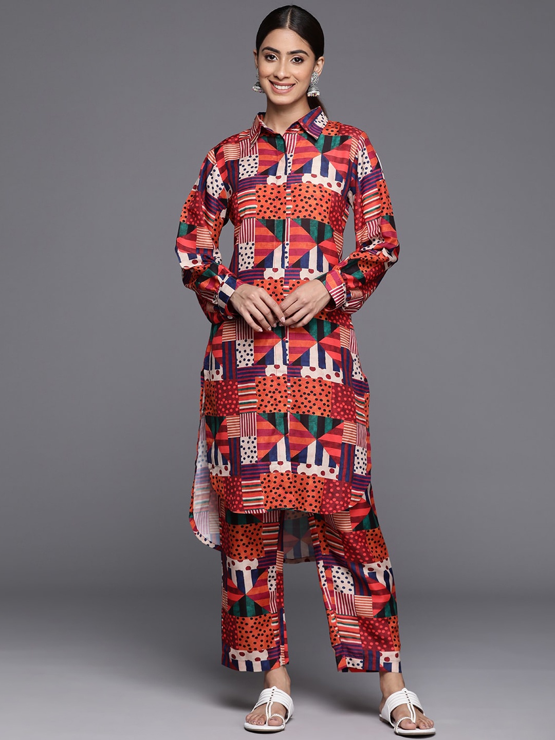 

Varanga Geometric Printed Shirt Collar Tunic & Trouser Co-Ords, Orange