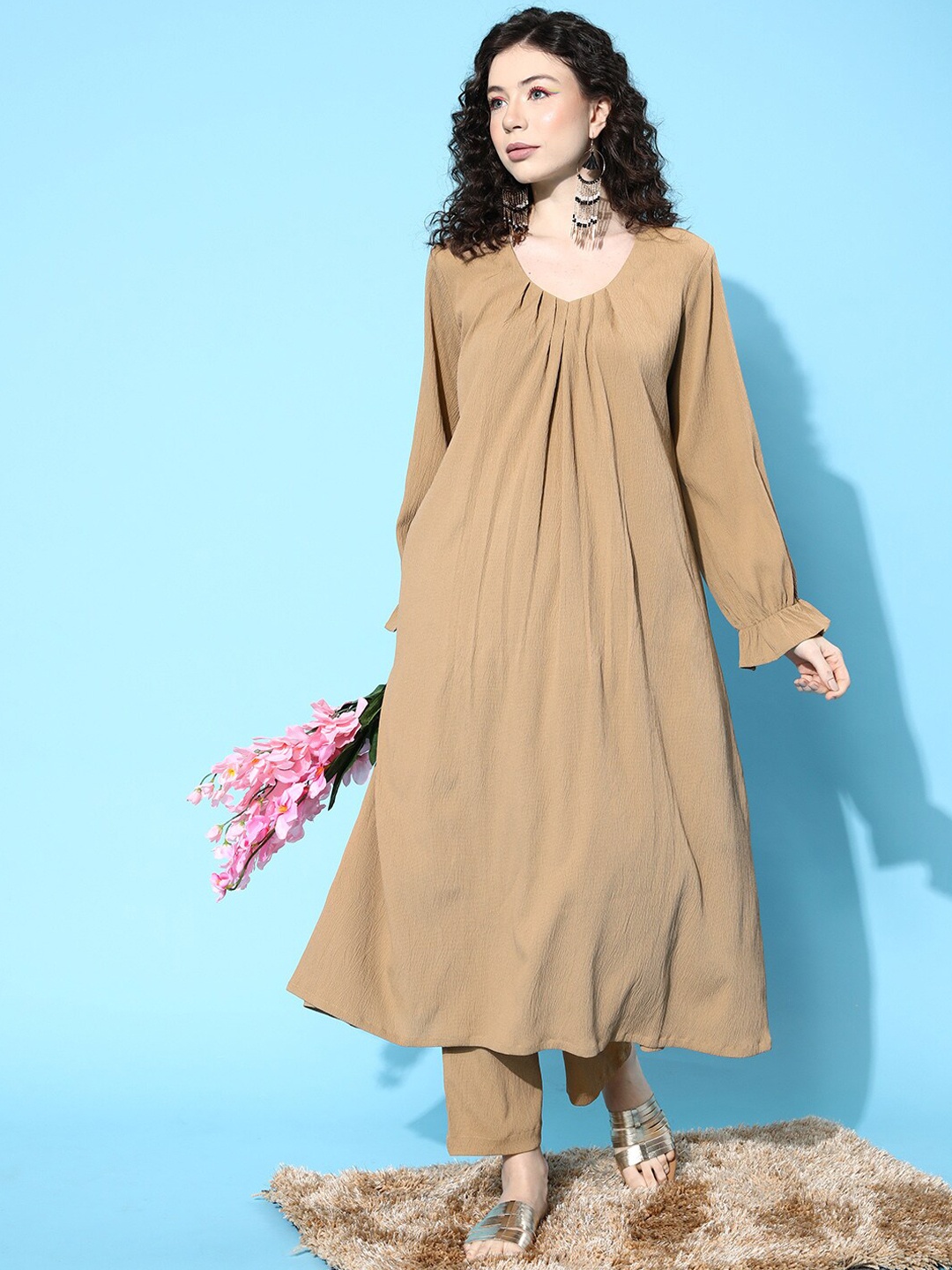 

Varanga Camel Brown V-Neck Bell Sleeves A-Line Kurta With Trousers
