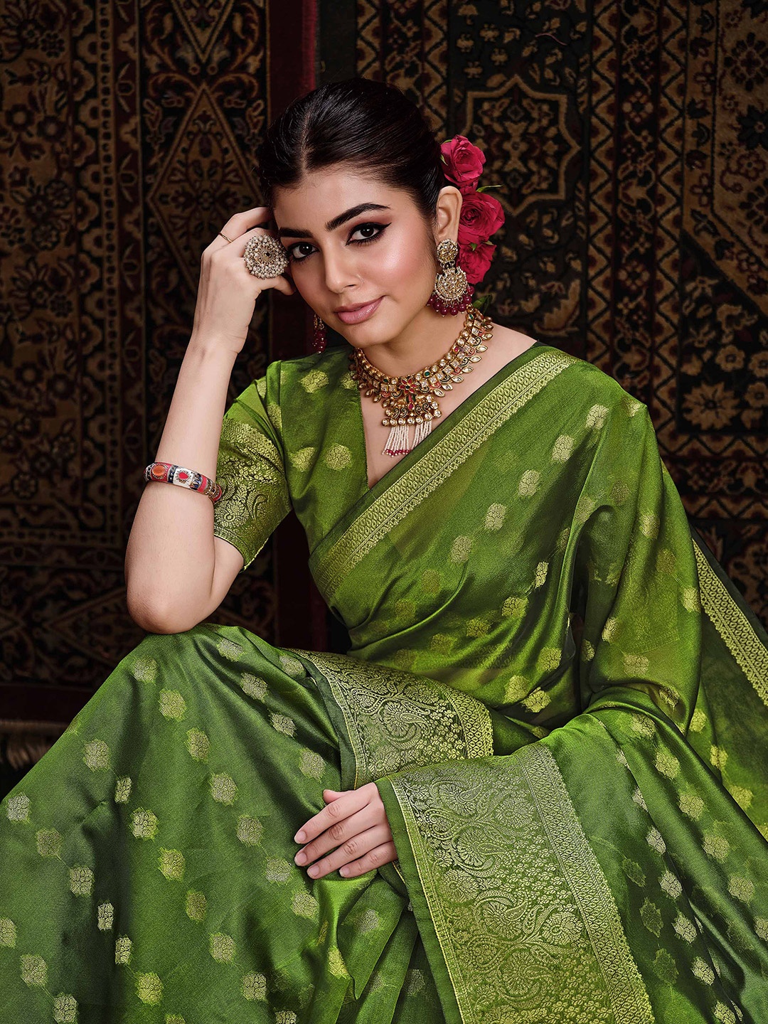 

Sangria Floral Woven Design Organza Saree, Green