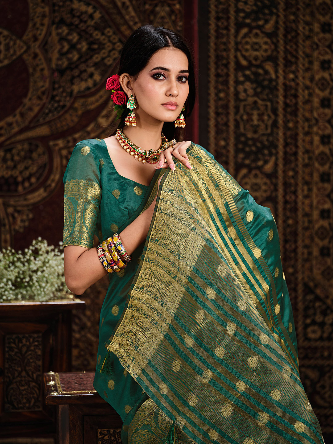 

Sangria Geometric Woven Design Zari Organza Saree, Green