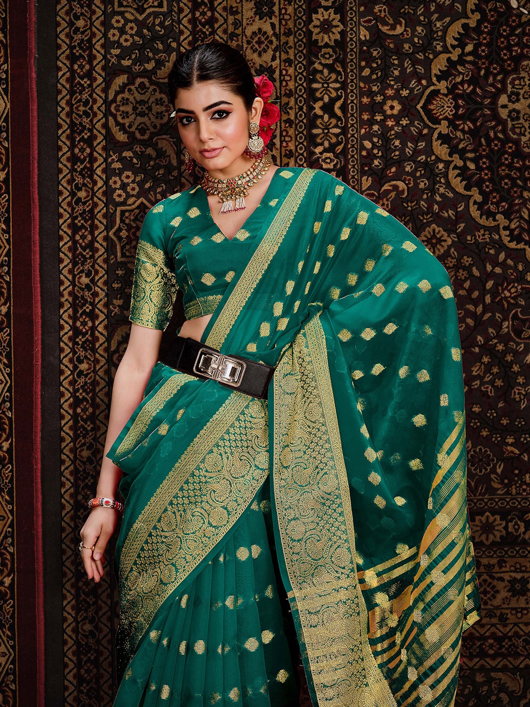 

Sangria Green Ethnic Motifs Woven Design Organza Saree