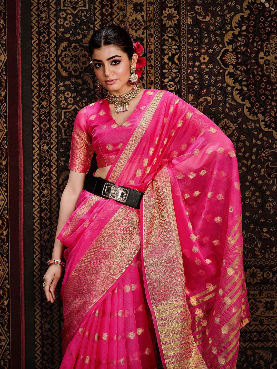 

Sangria Geometric Woven Design Zardozi Organza Saree, Pink
