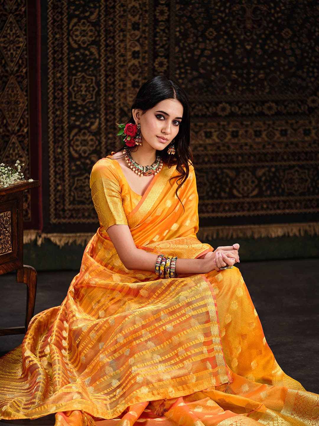

Sangria Floral Woven Design Embroidered Organza Saree, Yellow
