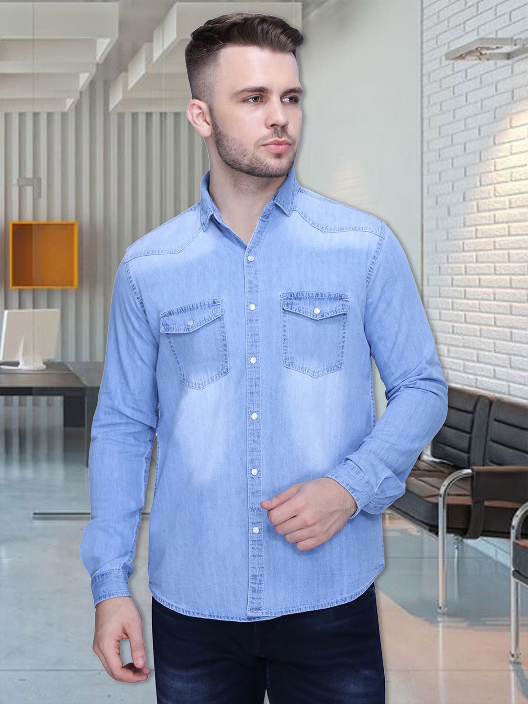 

Kuons Avenue Smart Slim Fit Faded Denim Casual Shirt, Blue
