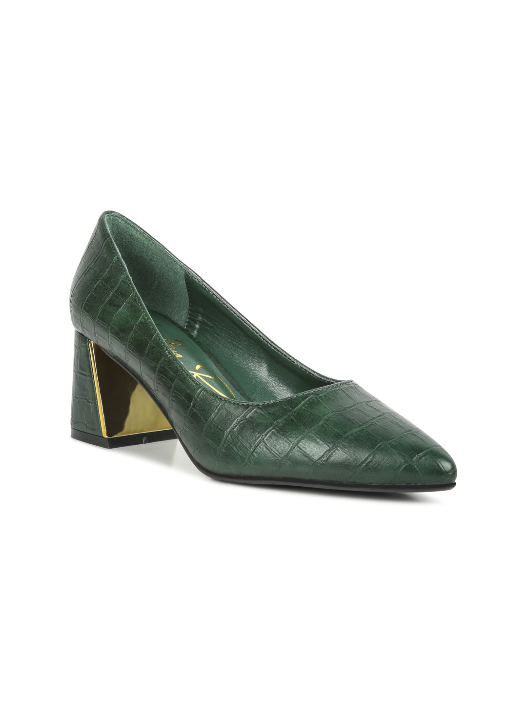 

London Rag Textured Pointed Toe Block Heel Pumps, Green