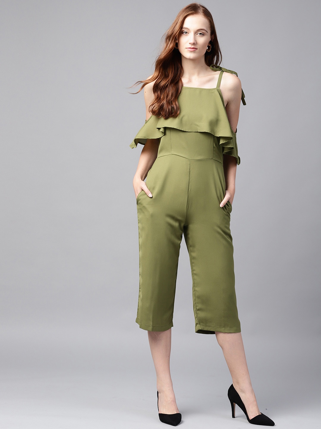 

STREET 9 Olive Green Solid Capri Jumpsuit