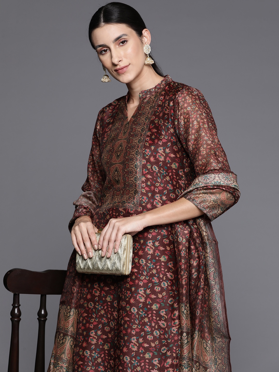 

Varanga Women Floral Printed Regular Chanderi Silk Kurta with Trousers & With Dupatta, Brown