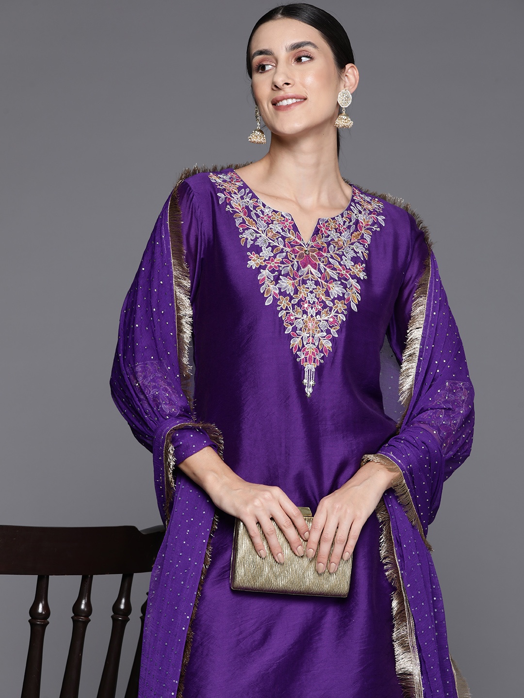 

Varanga Women Floral Yoke Design Sequinned Chanderi Silk Kurta with Palazzos & Dupatta, Violet