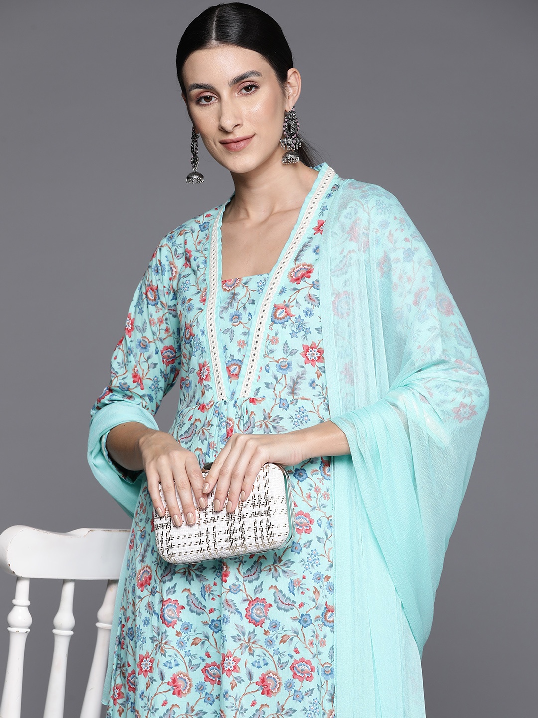 

Varanga Women Floral Printed Empire Mirror Work Cotton Kurta with Trousers & With Dupatta, Turquoise blue