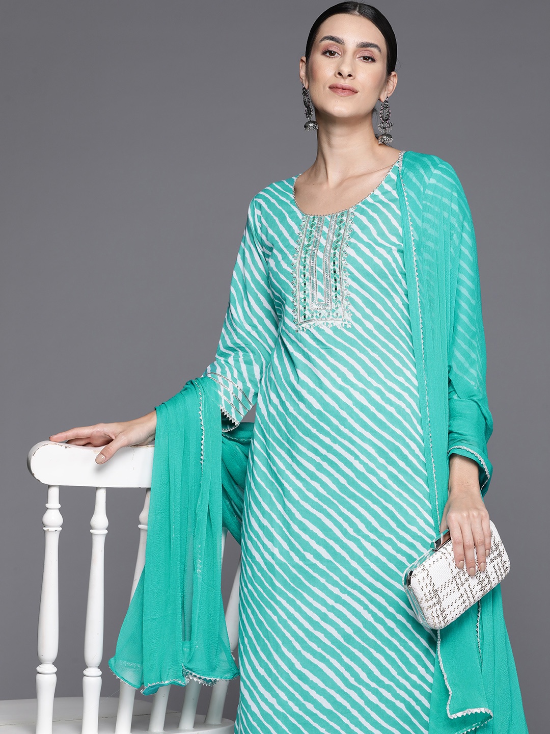 

Varanga Women Leheriya Striped Regular Gotta Patti Cotton Kurta with Trousers & Dupatta, Turquoise blue