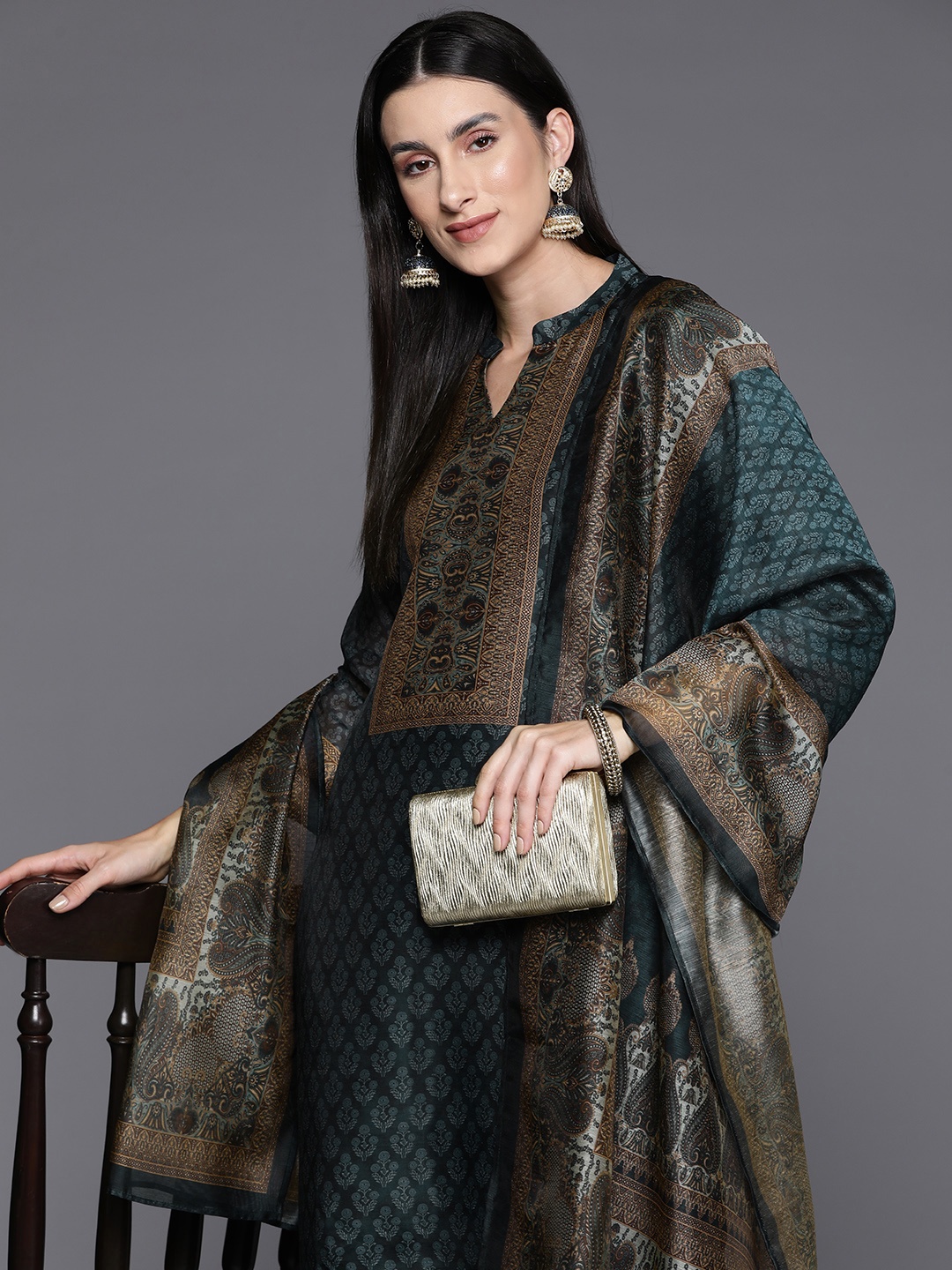 

Varanga Ethnic Printed Chanderi Silk Kurta with Trouser and Dupatta, Teal