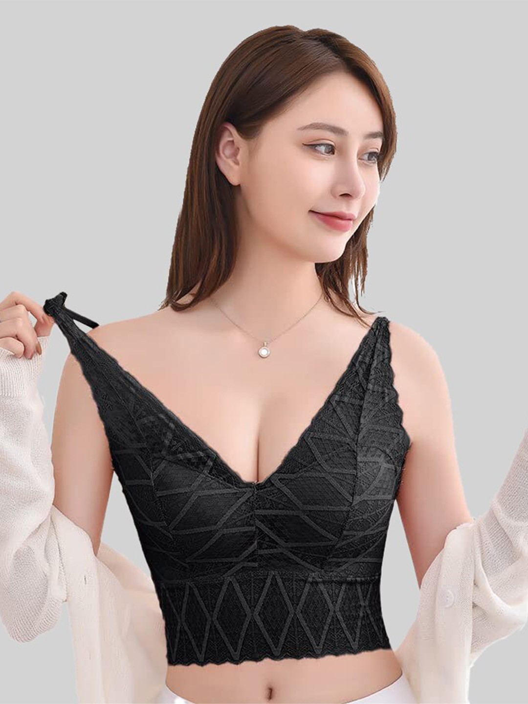 

Krelin Floral Laced Bralette Bra Half Coverage Non-Wired Lightly Padded All Day Comfort, Black