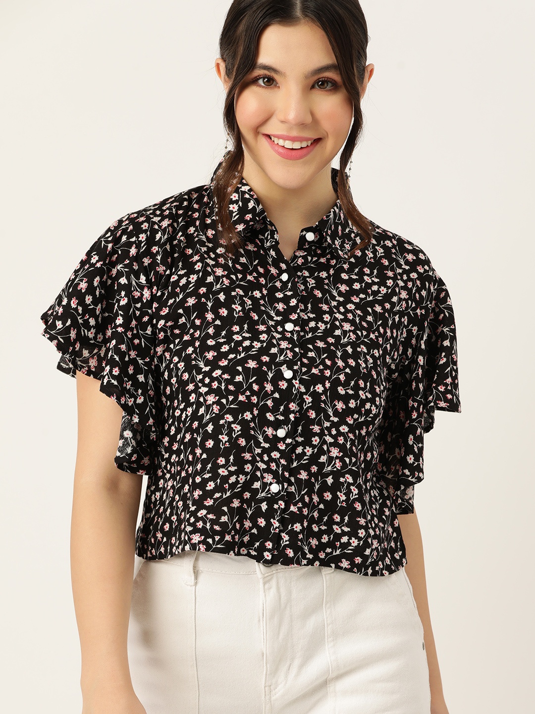 

DressBerry Floral Print Flared Sleeves Shirt Style Crop Top, Black