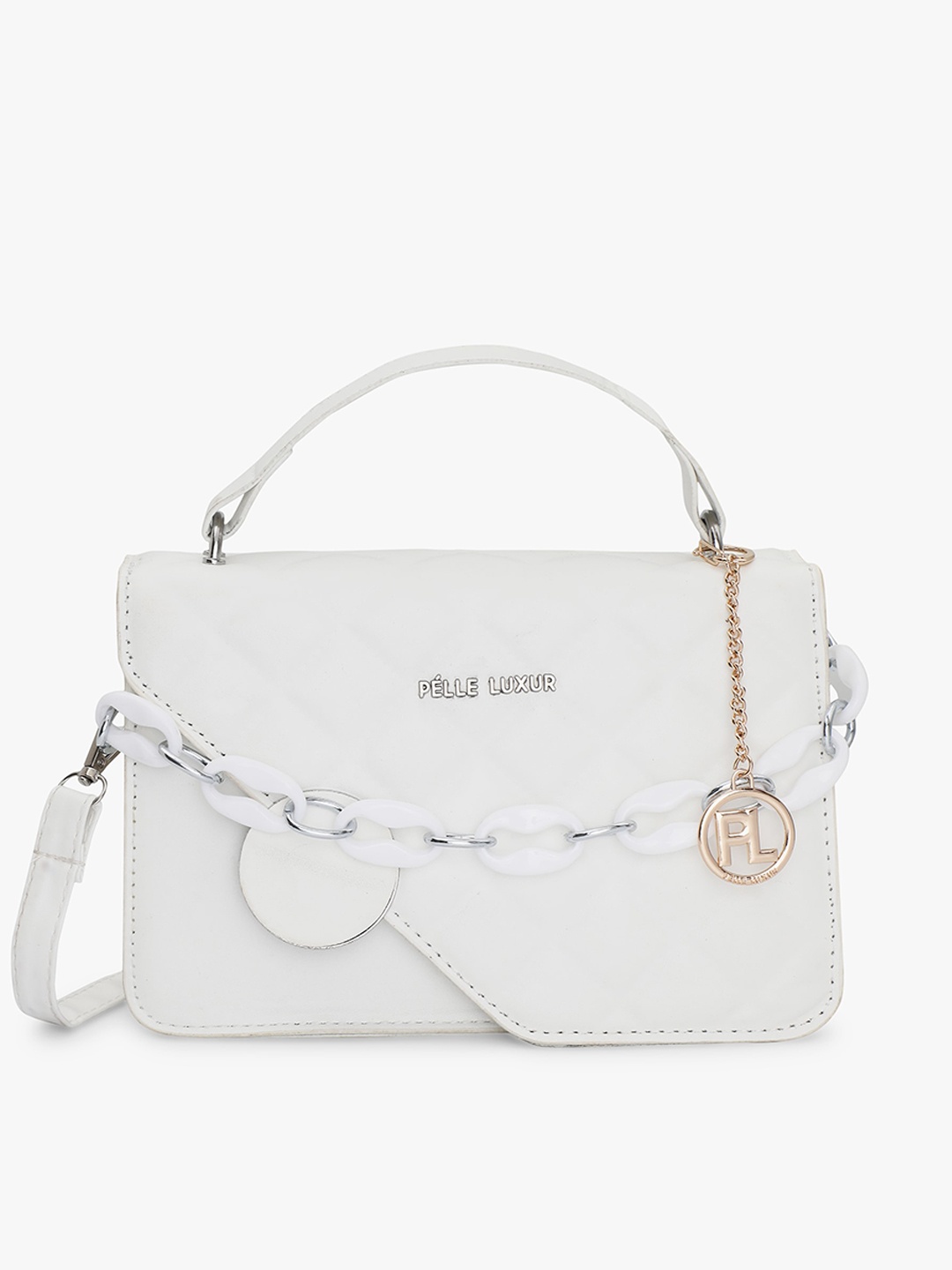 

PELLE LUXUR Textured Structured Satchel Bag With Tasselled, White