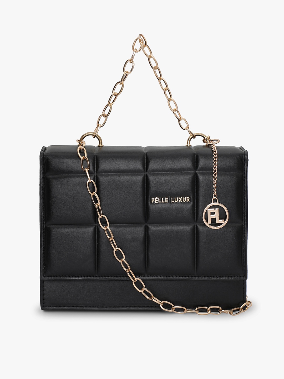 

PELLE LUXUR Textured Structured Handheld Bag With Quilted, Black
