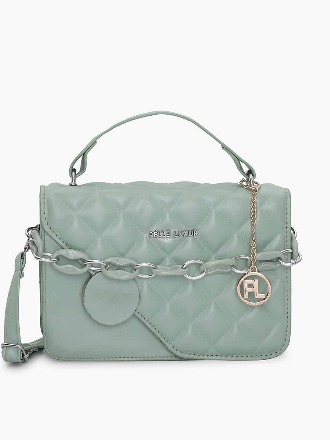 

PELLE LUXUR Textured Structured Satchel Bag With Quilted, Sea green