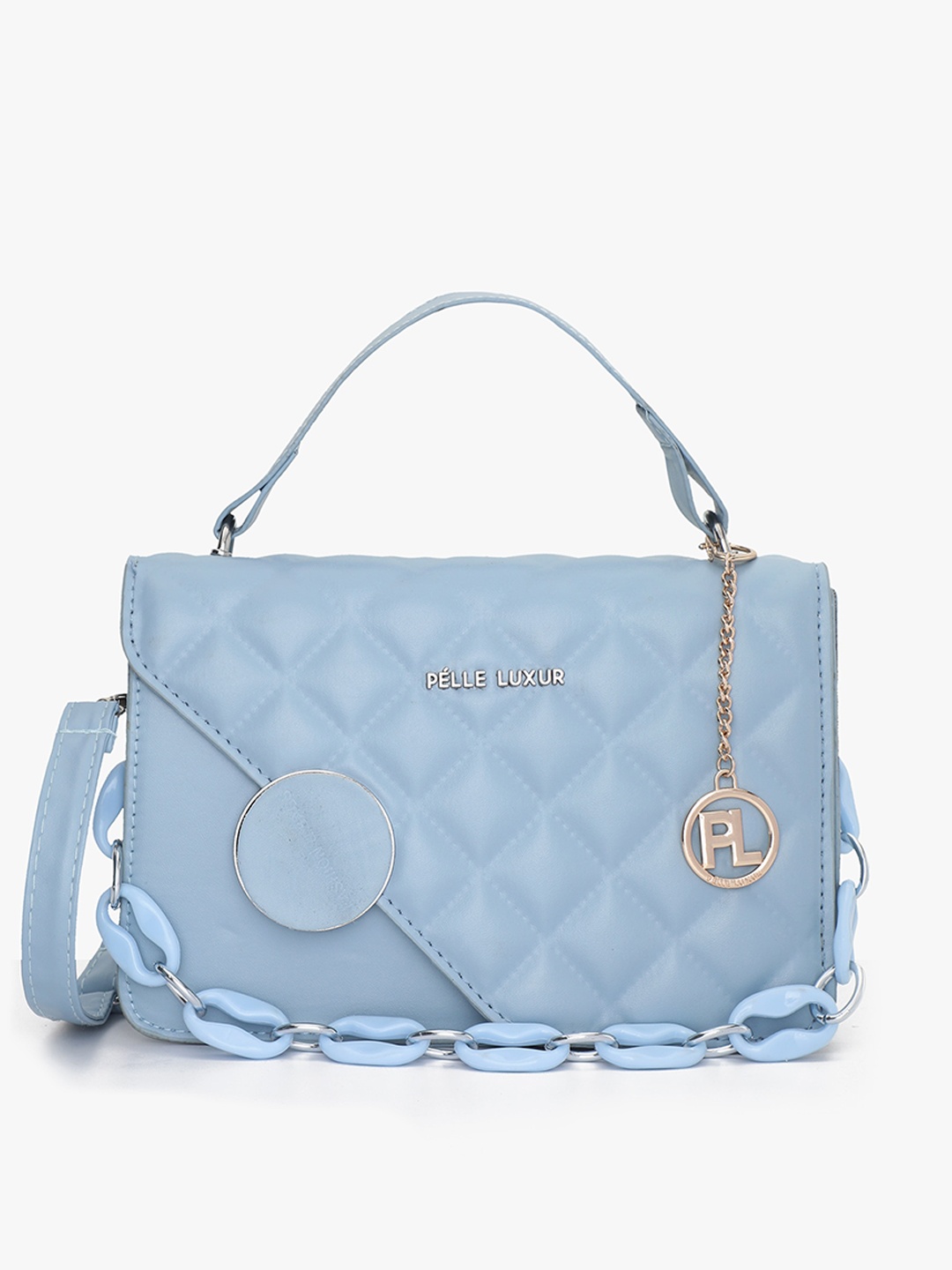 

PELLE LUXUR Textured Structured Satchel Bag With Quilted, Blue