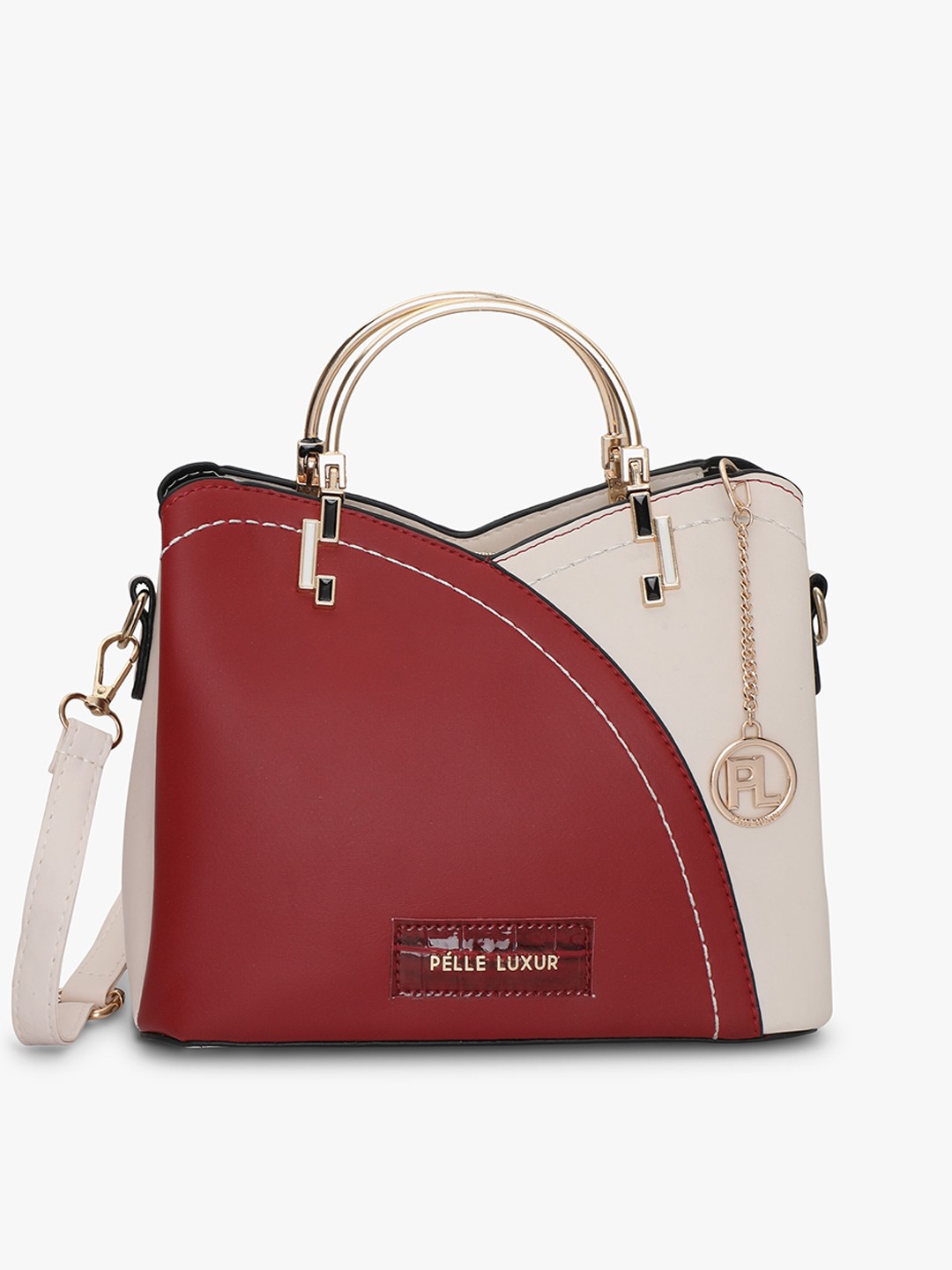

PELLE LUXUR Colourblocked Structured Handheld Bag, Maroon